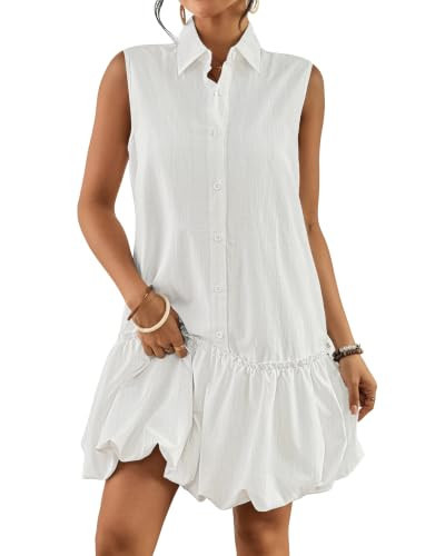 Bsubseach Women Casual Summer Linen Dress Bubble Mini Dress White | Amazon (US)