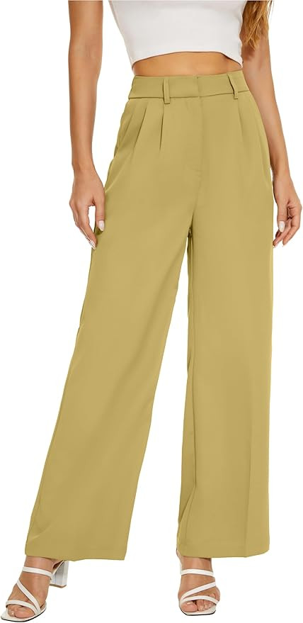 Women Wide Leg High Waist Wide Leg Pants Loose Fit Back Elastic Waist Pleated Front Trousers for ... | Amazon (US)