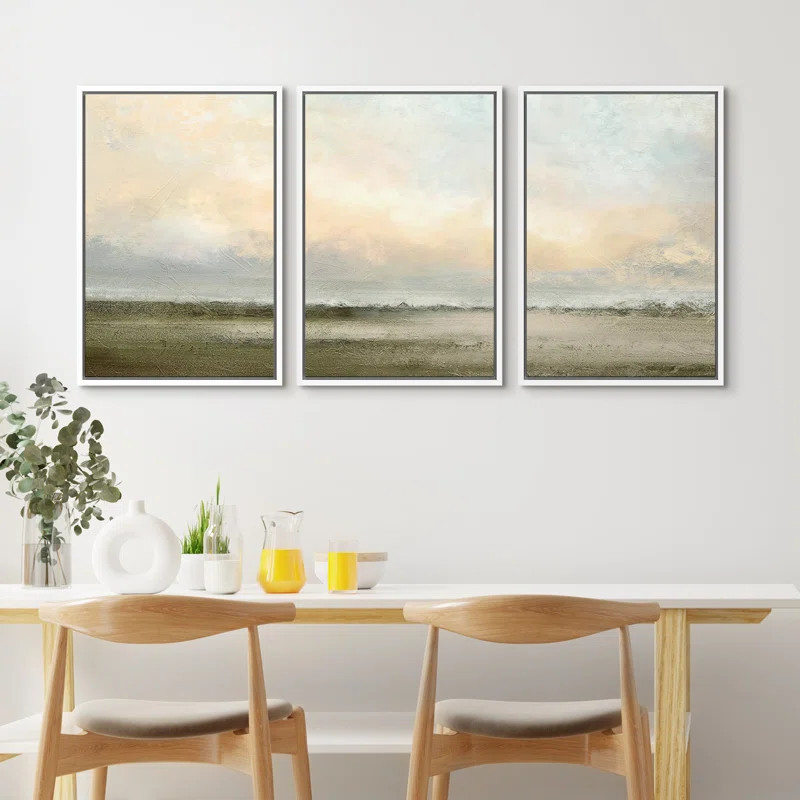 Pastel Green Sunset Abstract Nature Landscape Minimal Neutral Framed Canvas Print Wall Art Set 3 | Wayfair North America