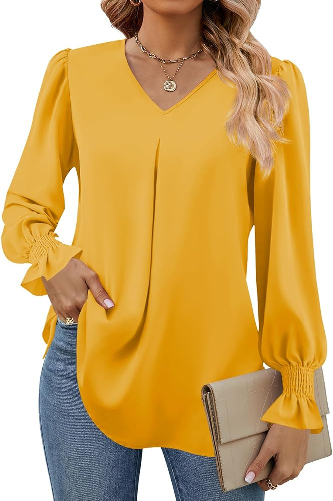 Funlingo Women's 2024 Long Sleeve Tops Dressy Casual V Neck Tunic Shirts Loose Chiffon Work Blous... | Amazon (US)