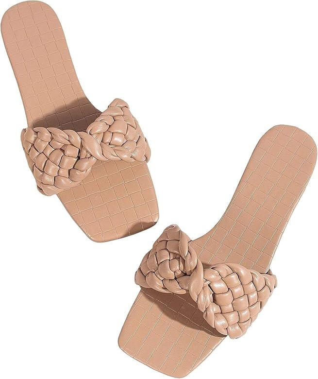LAICIGO Women's Squared Open Toe Slide Sandals Braided Single Strap Leather Low Heel Flat Shoes | Amazon (US)