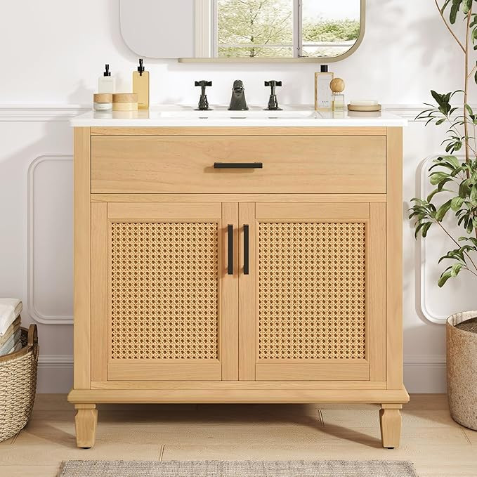 Merax 36" Rattan Bathroom Vanity with Ceramic Sink, Modern Bathroom Sink Cabinet with 2 Soft Clos... | Amazon (US)