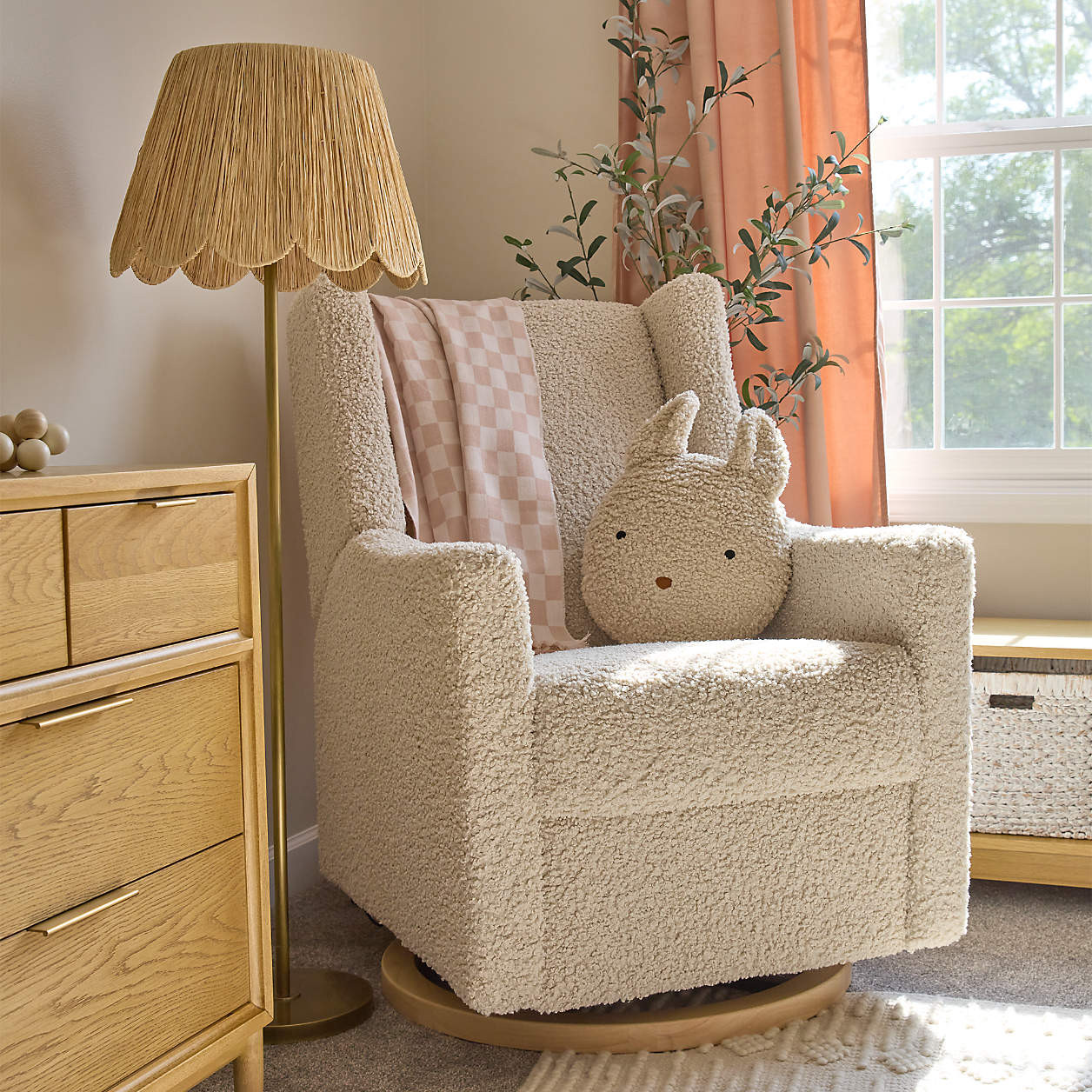 Babyletto Kiwi Almond Teddy Loop Nursery Power Glider Recliner Chair with Light Wood Base + Revie... | Crate & Barrel