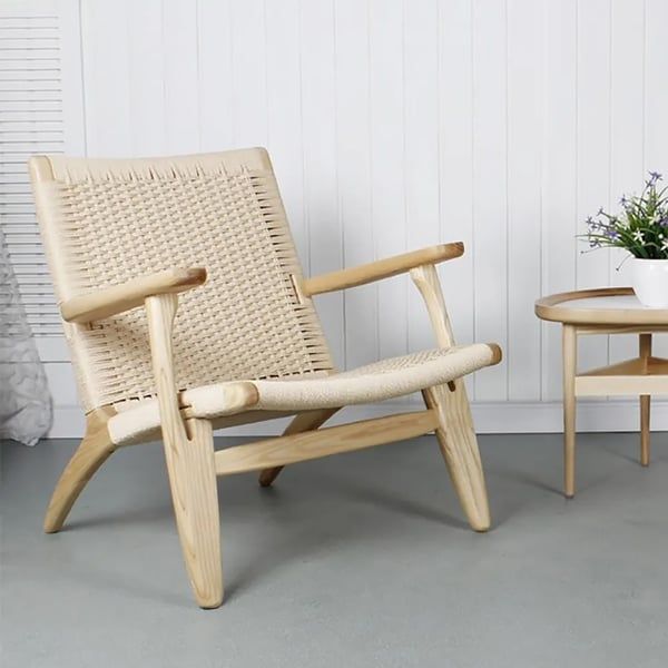 Japandi Solid Wood Outdoor Patio Lounge Chair Armchair Kraft Paper Rope Woven Seat | Homary