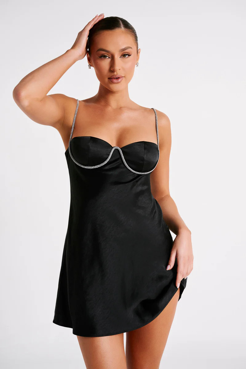 Elora Satin Cupped Mini Dress With Diamante Rope - Black | MESHKI US