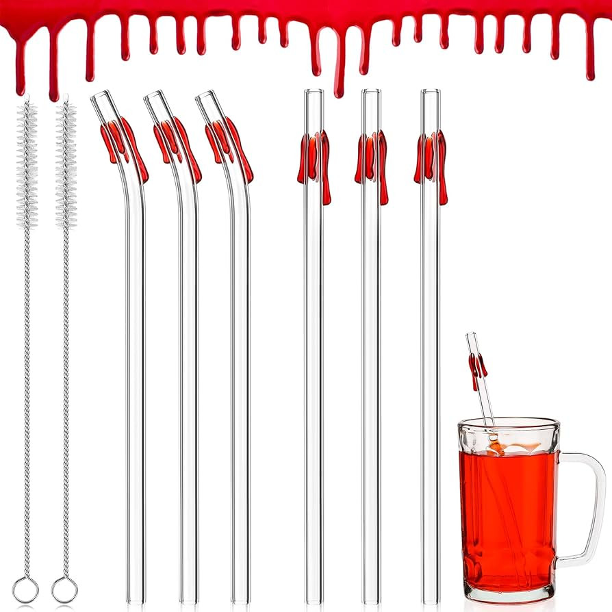 Yinkin 8 Pcs Halloween Reusable Glass Straws with Cleaning Brushes Halloween Blood Drips Pattern ... | Amazon (US)