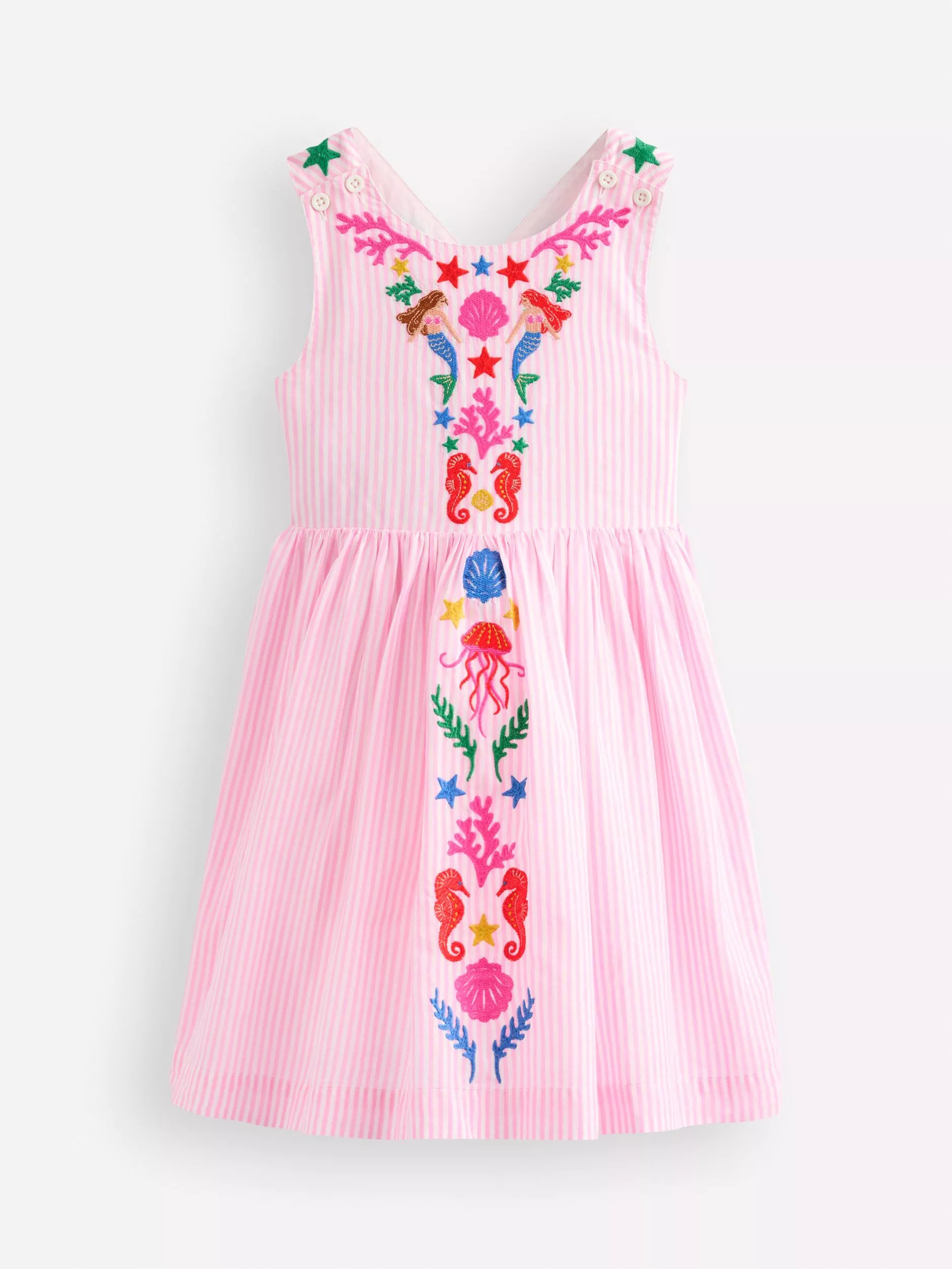 Mini BodenKids' Harper Cotton Embroidered Cross-Back Dress, Pink Mermaid | John Lewis (UK)