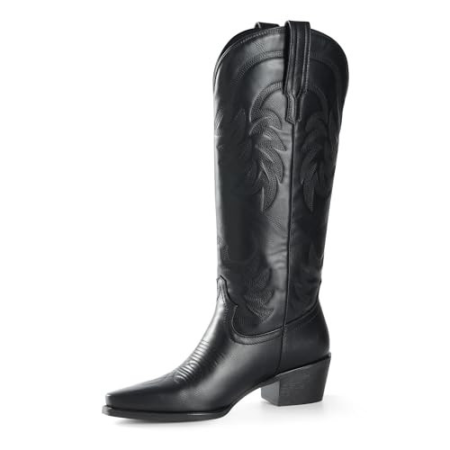 iiimmu Cowboy Boots for Women Black Knee High Boots Pointed Toe and Chunky Heel Western Boots PU Leather Boots with Embroidered, Size 7.5 | Amazon (US)