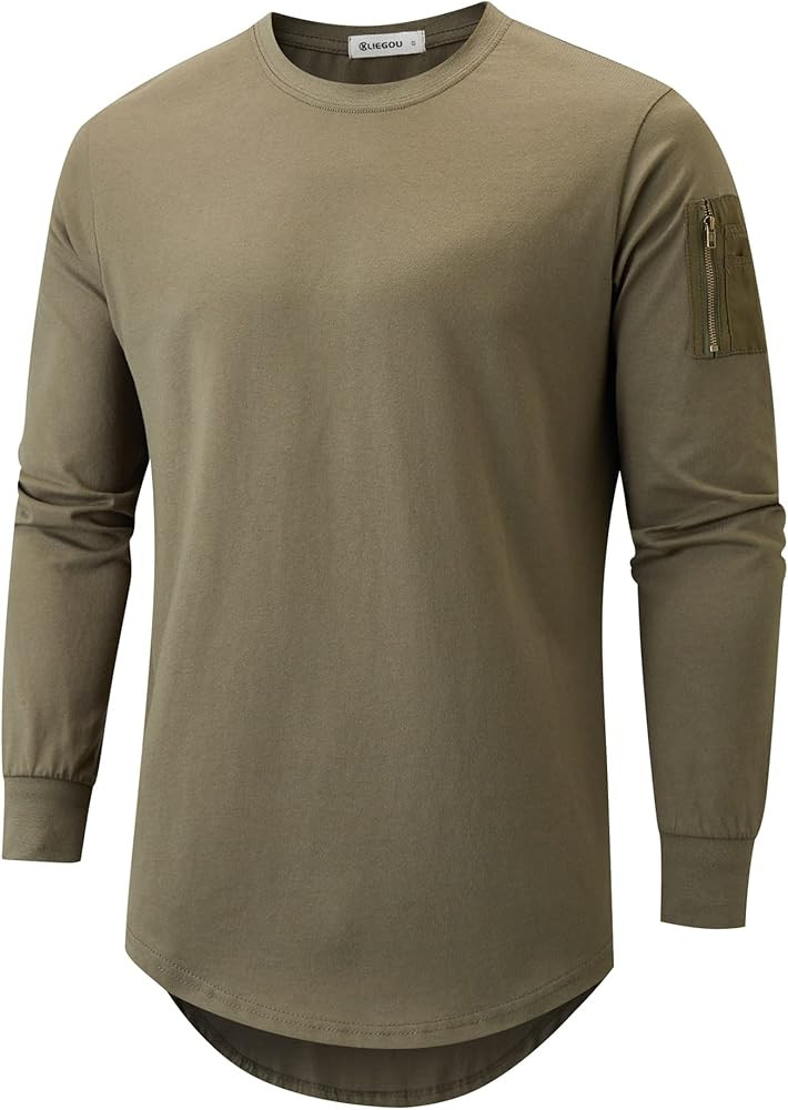 KLIEGOU Mens 100 Cotton Crewneck Pre-Shrunk Shirts Hipster Hip Hop Longline Long Sleeve T Shirt | Amazon (US)