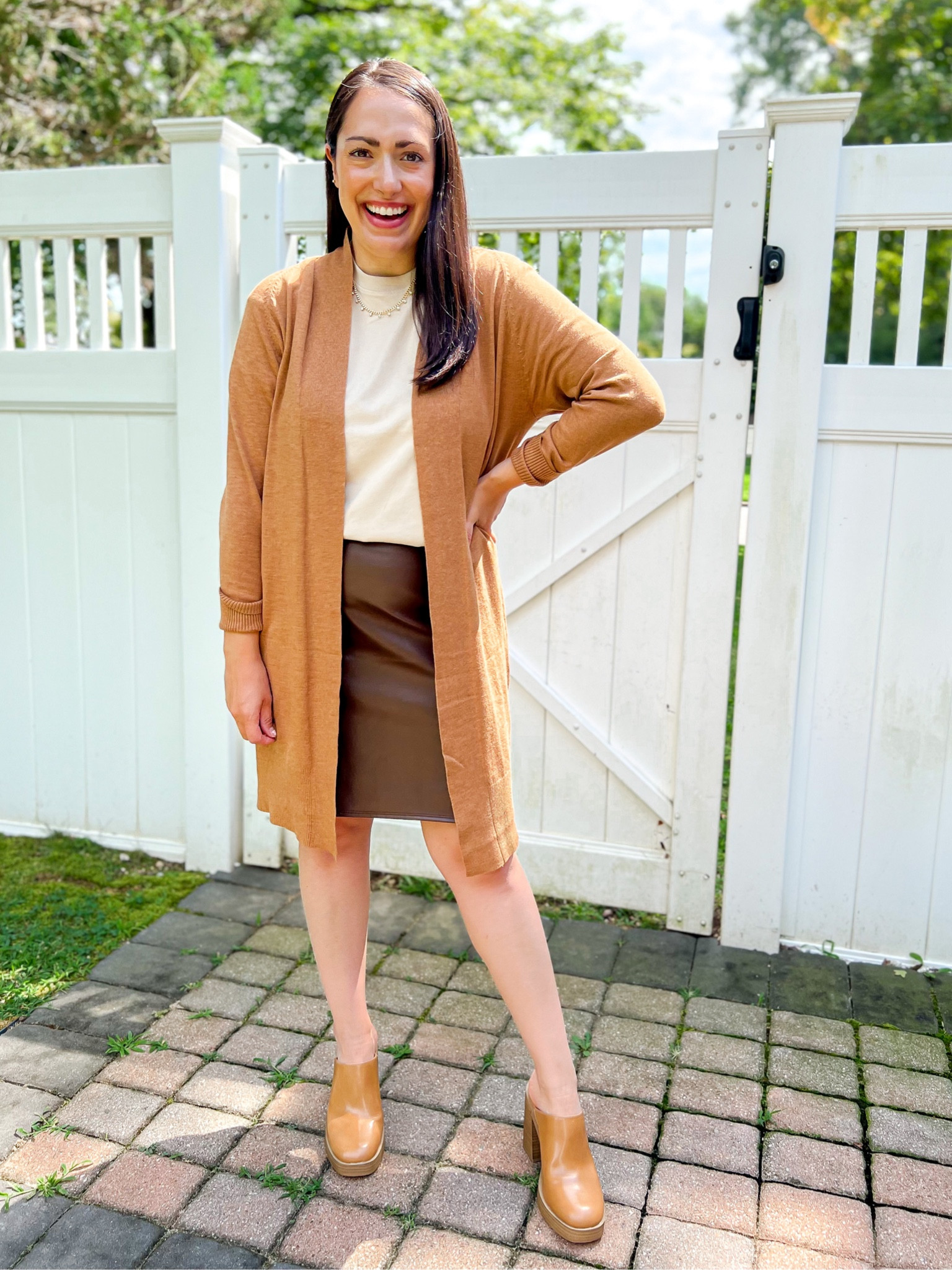 Teacher outfit idea, neutral workwear, target duster cardigan, old navy faux leather skirt, heeled mules 

S cardigan
S tee
M skirt
tts heels

#LTKunder50 #LTKstyletip #LTKworkwear