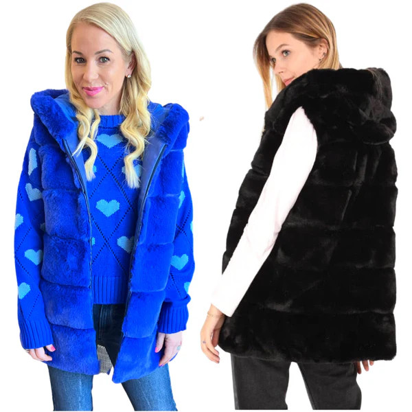 Royal Blue or Black Faux Fur Hooded Virginia Vest | James Ascher