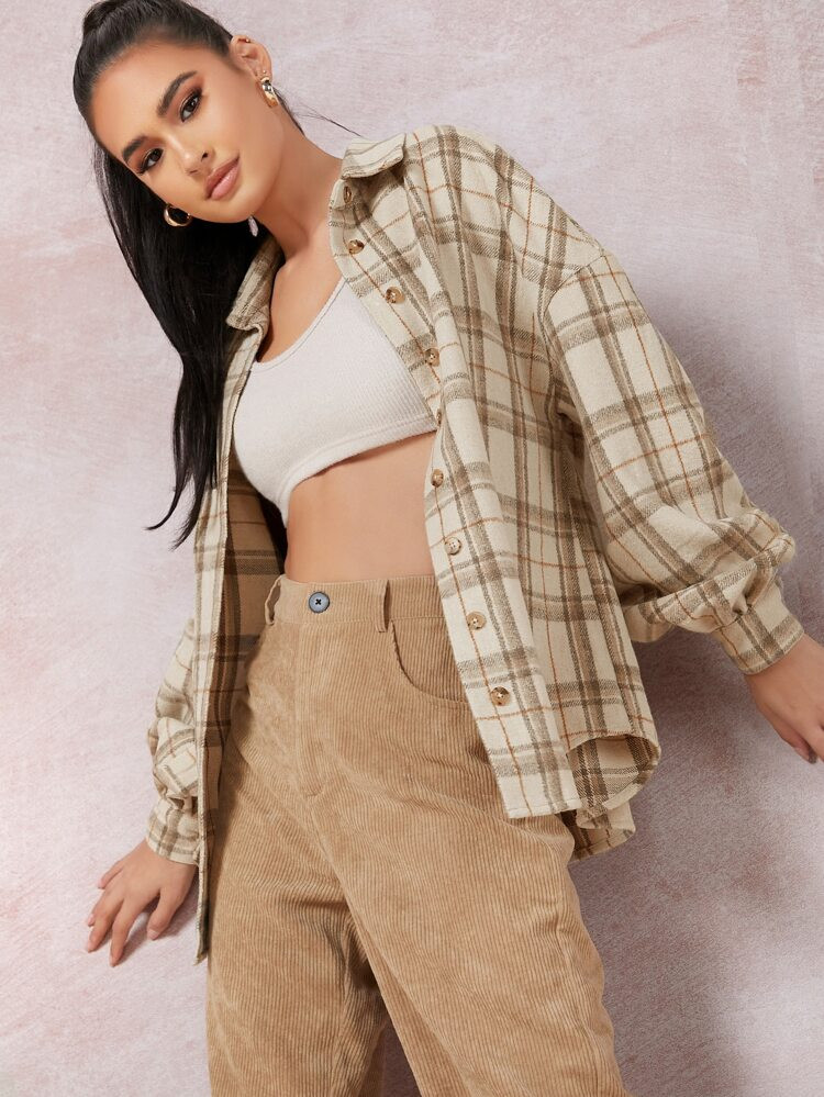 SHEIN Plaid Button-Front Boyfriend Flannel Shirt | SHEIN