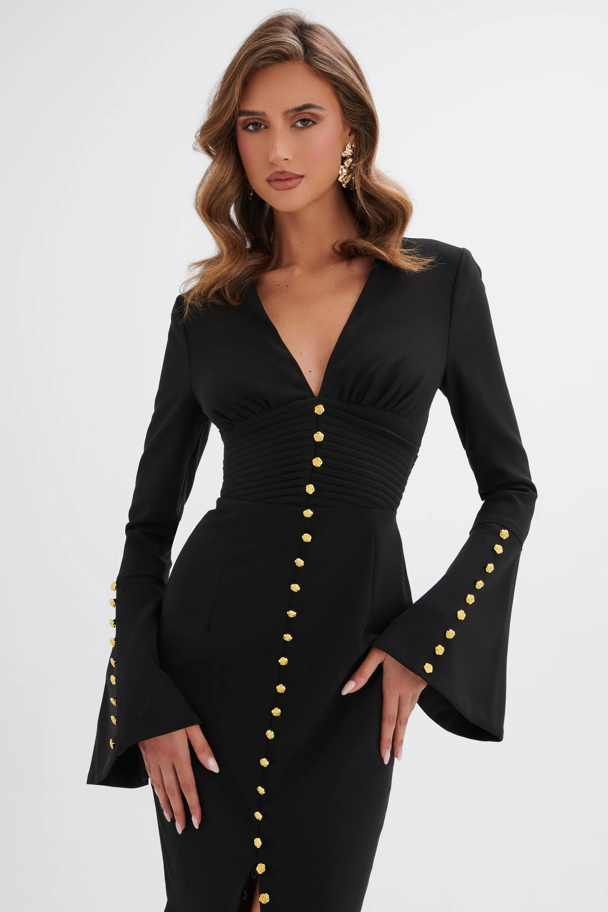 SALMA Fluted Sleeve Rose Button Midi Dress in Black | Lavish Alice Retail Ltd
