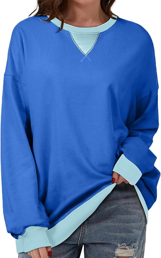 Sweatshirt for Women Oversized Striped Crewneck Long Sleeve Shirt Color Block Pullover Top Y2K Tr... | Amazon (US)