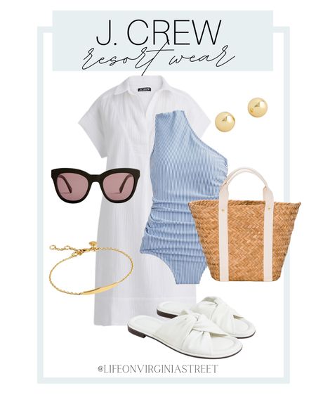 J. Crew resort wear! I paired this one-piece striped bathing suit, straw tote,  black sunglasses, white sandals, gold jewelry, and white gauze shirt dress. 

resort wear, sunglasses, swimwear, women’s swimwear, j. crew resort wear, j. crew, swim, vacation outfit, vacation finds, poolside, coastal style, coastal outfit, jewelry, sale 

#LTKswim #LTKFind #LTKstyletip