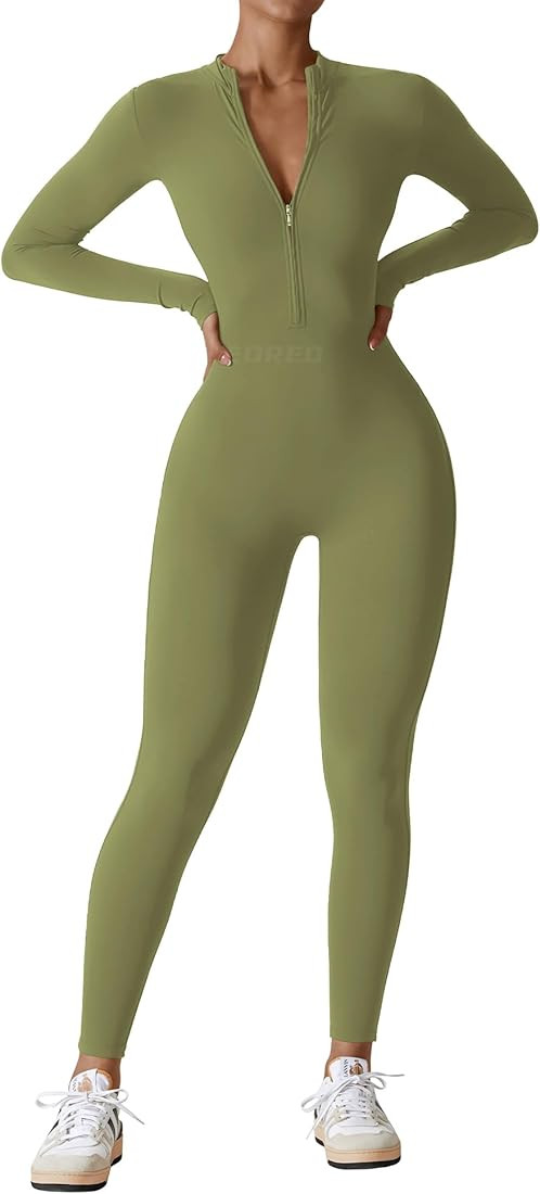 YEOREO Women Long Sleeve Workout Jumpsuit Zip Up Romper Bottom Pants Bodysuit Bodycon Sexy One Pi... | Amazon (US)