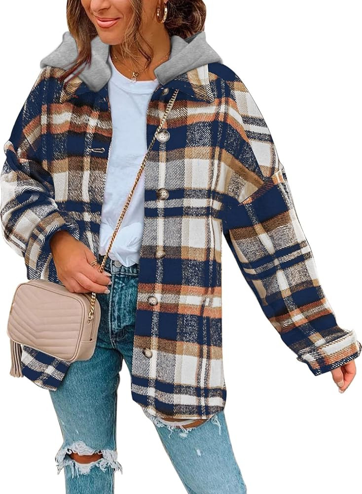 SHEWIN Womens Long Sleeve Button Down Plaid Shirts Flannel Hooded Shacket Jacket Hoodie Coats | Amazon (US)