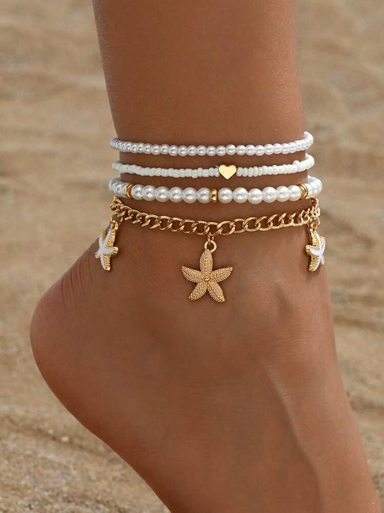 4pcs/Set Pearl Beaded Starfish Anklet, Boho Layered Anklet Jewelry For Women, Suitable For Daily ... | SHEIN