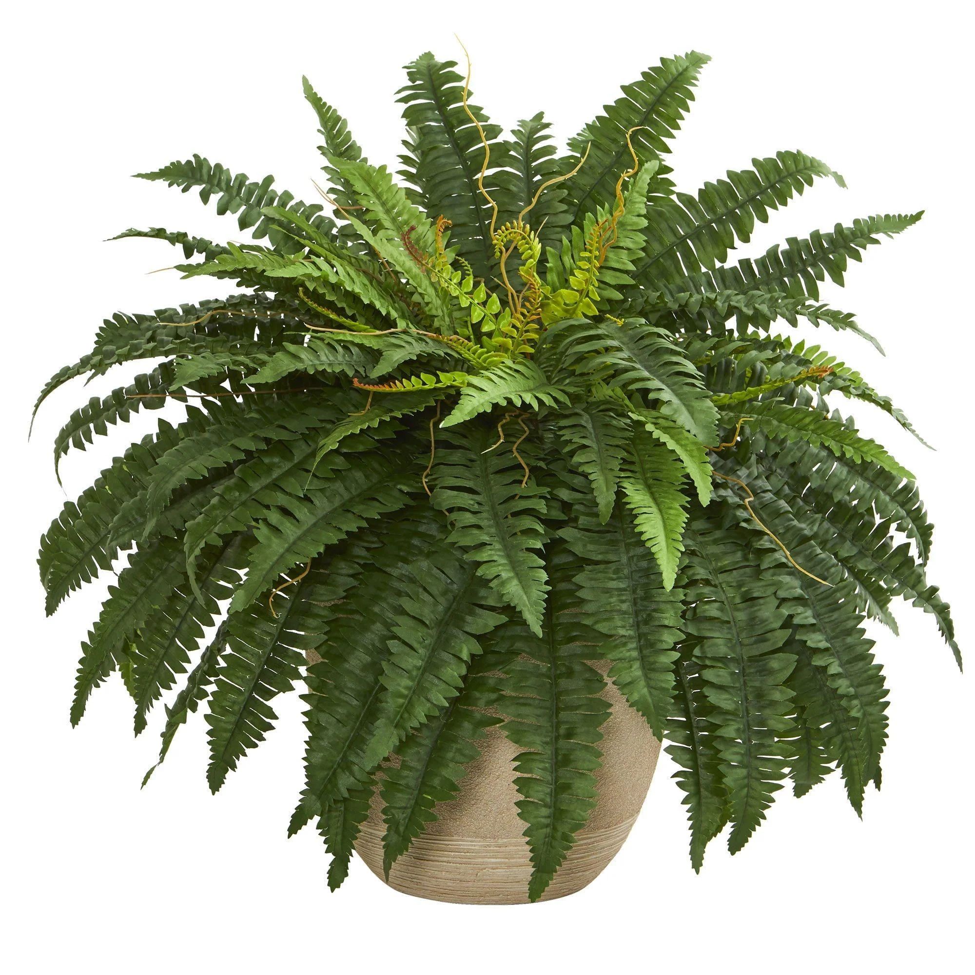 22” Boston Fern Artificial Plant in Sandstone Planter | Nearly Natural | Nearly Natural