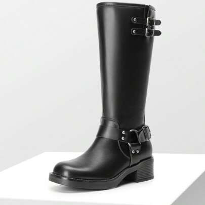 Women's Motorcycle Boots Side Zipper Knee High Boots Square Toe Chunky Low Heel Buckle Decorated Biker Fashion Stylish Riding Boots | SHEIN