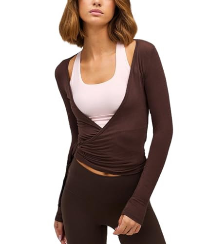Women's Tie Wrap Top Sexy Deep V Neck Tie Front Long Sleeve Tops Casual Slim Fit Yoga Shirts Workout T Shirts (Coffee, S) | Amazon (US)
