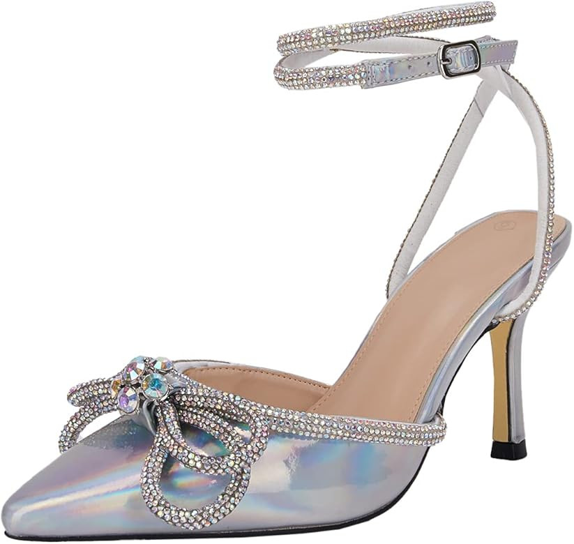 VETASTE Women's Double Bow Pointed Toe Ankle Strap Crystal Pumps Wedding Bridal Party Stilettos B... | Amazon (US)