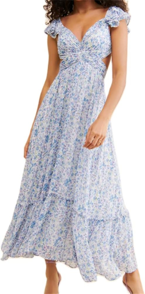 Miqil Women Y2k Hollow Out Waist Maxi Dress Sexy Low Cut Ruffle Tiered Flower Backless Flowy Long... | Amazon (US)