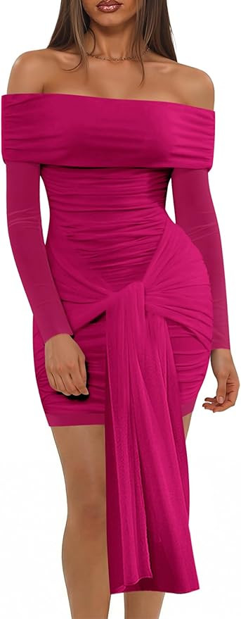 Ophestin Off The Shoulder Mesh Dress Long Sleeve Ruched Bodycon Dress for Women Tie Waist Dresses | Amazon (US)