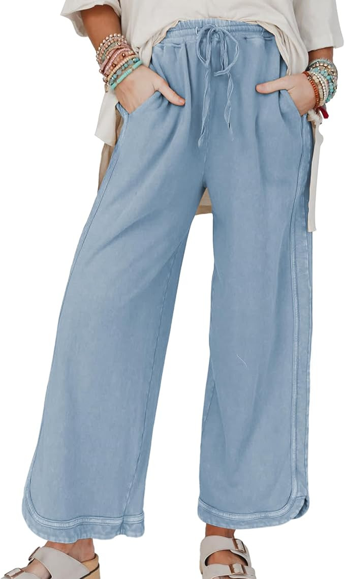 Ainangua Women's Palazzo Pants Acid Wash Capri Pants Drawstring Athletic Wide Leg Trousers Summer... | Amazon (US)