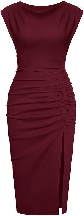 IHOT 2024 Women's Mock Neck Side Slit Ruched Bodycon Cocktail Party Wedding Guest Midi Dress | Amazon (US)