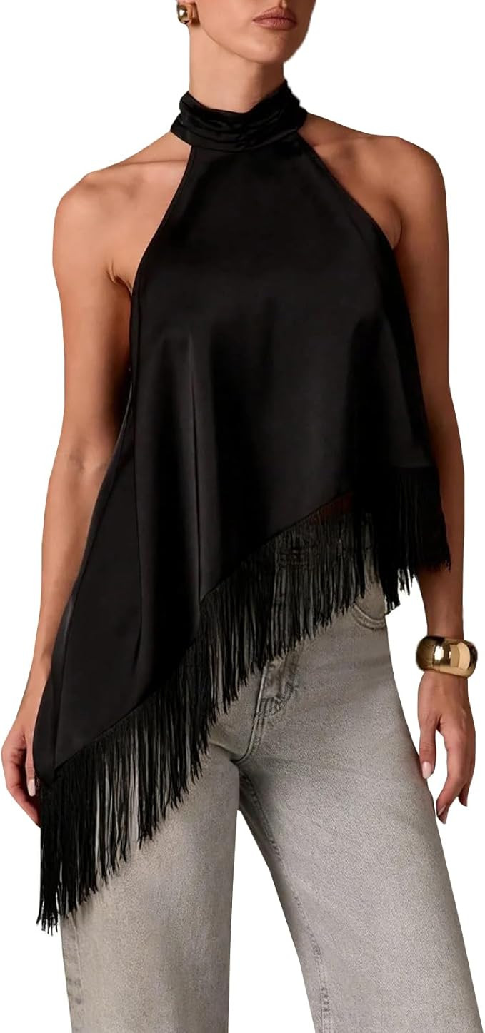 Women Fringe Satin Tank Top Y2K Mock Neck Halter Crop Top Sleeveless Silk Tassel Trim Tops Going ... | Amazon (US)