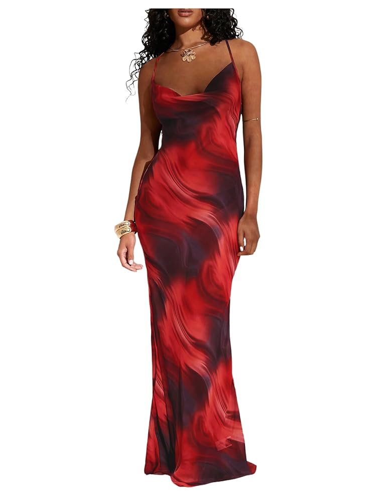 MakeMeChic Women's Mesh Cheetah Floral Maxi Coverup Dress Cowlneck Backless Criss Cross Beach Dre... | Amazon (US)