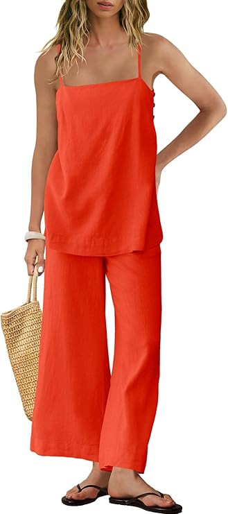 Panadila 2 Piece Linen Set Summer Travel Beach Vacation Outfit Sexy Spaghetti Strap Tank Top and ... | Amazon (US)