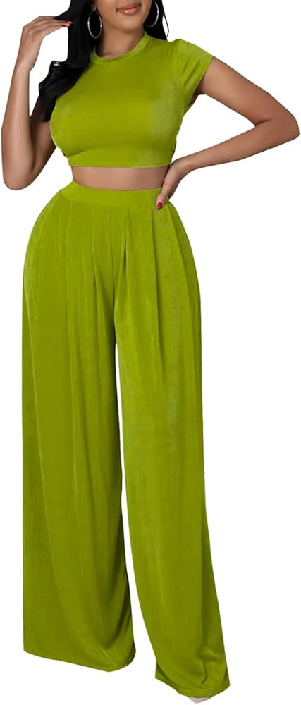 YouSexy Casual Summer 2 Piece Outfits for Women Short Sleeve Crop Top High Waist Wide Leg Pants S... | Amazon (US)