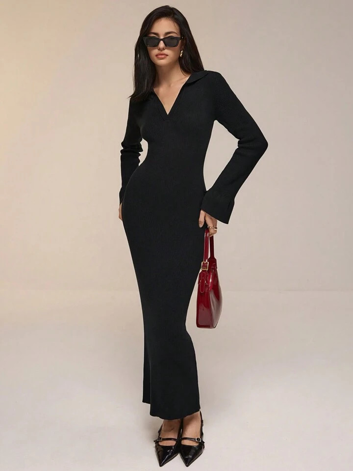 Poéselle Women's Long Black Sweater Dress Solid Color Long Sleeve Maxi Sweater Dress, Elegant & ... | SHEIN