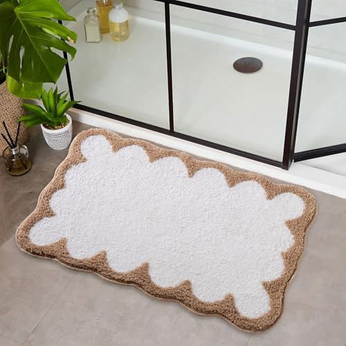 Urtlmaji Scalloped Bath Mat for Bathroom Rugs Cute Bath Mats Non Slip Microfiber Piping Aesthetic Preppy Washable Absorbent Small Rugs for Bedroom Bathtub Sink Khaki18 x 26" | Amazon (US)