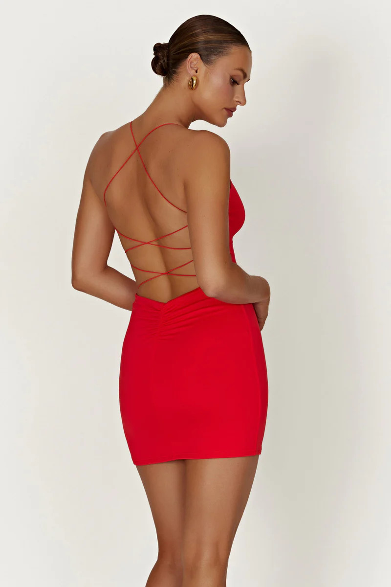 Sabine Recycled Nylon Mini Backless Dress - Red | MESHKI US