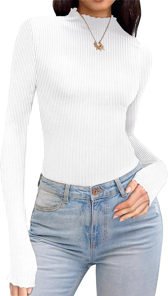Ekouaer Turtleneck Shirt Women Ruffle Ribbed Long Sleeve Mock Neck Tops Slim Fit Lettuce Trim Bas... | Amazon (US)
