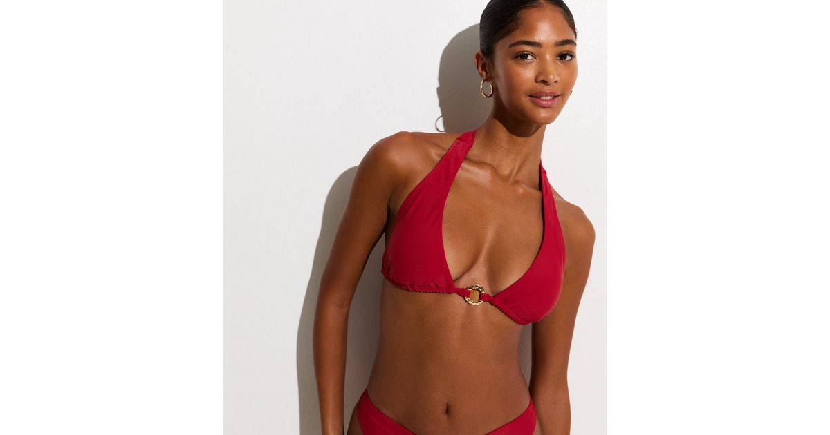 Dark Red Plain O Ring Triangle Bikini Top | New Look | New Look (UK)