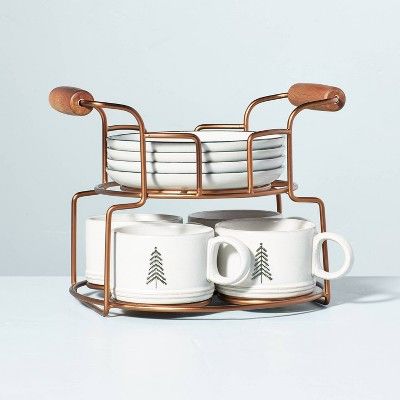 9pc Winter Tree Stoneware Mug & Saucer Set with Cradle Carrier Green/Cream - Hearth & Hand™ wit... | Target