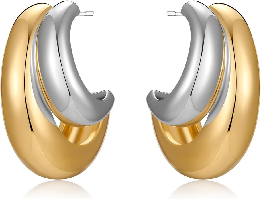 Gold And Silver Earrings Chunky Angel Wing Earrings Mixed Metal Earrings Chunky Hoop Earrings Fas... | Amazon (US)