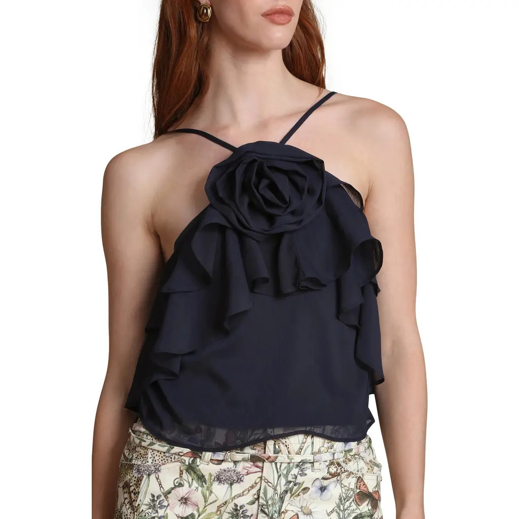 Avec Les Filles Rosette Ruffle Neck Halter Top in Deep Navy at Nordstrom, Size Small | Nordstrom