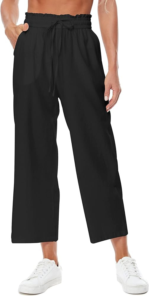 Womens Linen Wide Leg Pants High Waisted Drawstring Baggy Loose Beach Trousers with Pockets | Amazon (US)