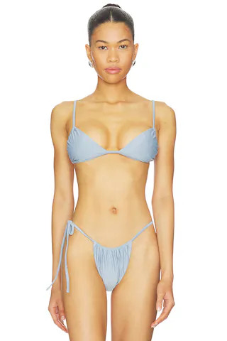 Lucie Gathered String Bikini Top in Washed Blue | Revolve Clothing (Global)