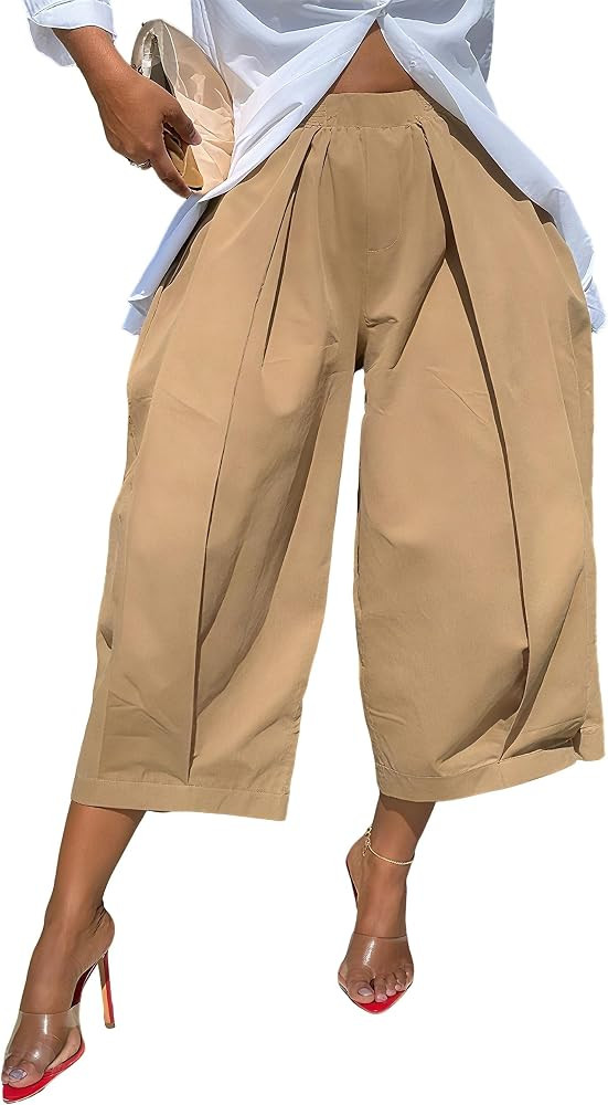 Unybwonn Capri Pants for Women Wide Leg Barrel Balloon Cropped Trousers Pleated High Waist Baggy ... | Amazon (US)