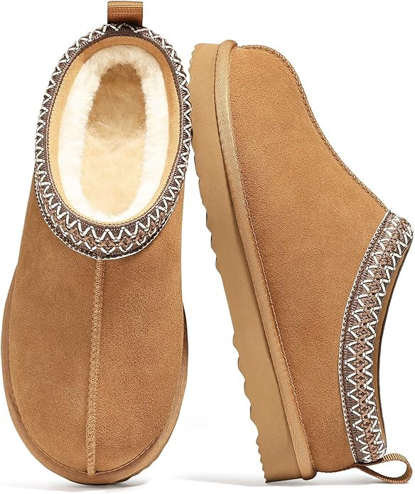 Genuine Suede Fuzzy Slippers for Women Winter Warm House Shoes Cozy Mini Boots for Indoor Outdoor | Amazon (US)