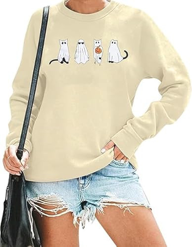 MNLYBABY Halloween Cat Sweatshirt Women Funny Cat Ghost Graphic Shirt Gifts Spooky Long Sleeve Crewneck Shirt Tops Apricot | Amazon (US)