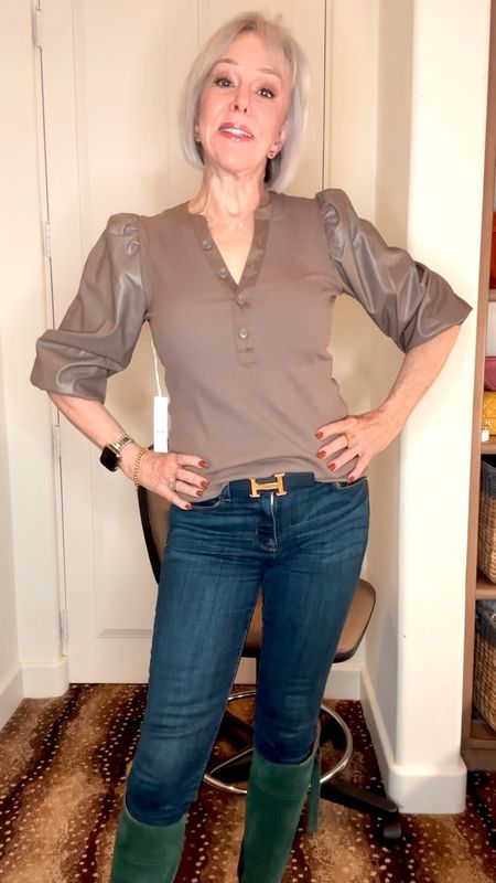 Henley knit top with faux leather puffed sleeves. Also comes in peacock teal, ectu and black. On major sale now $49.99
I mostly wear a size 0 in Chico’s sizing. Equates to a size 6-8


#LTKSeasonal #LTKover40 #LTKsalealert
