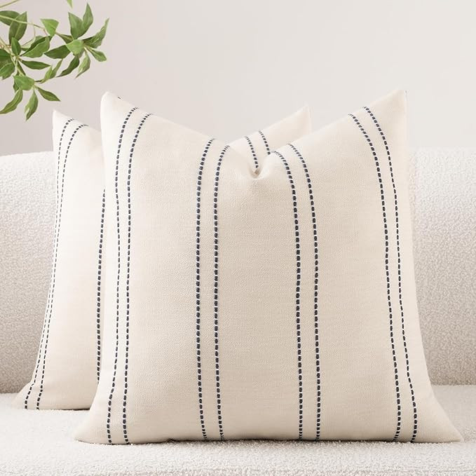 Decorative Throw Pillow Covers 18x18 Inch Set of 2 Linen Striped Accent Neutral Beige Farmhouse B... | Amazon (US)