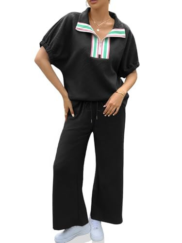 Cicy Bell Womens 2 Piece Outfits Textured Color Block Half Zipper Puff Short Sleeve Tops Cropped Wide Leg Pant Lounge Sets Black | Amazon (US)